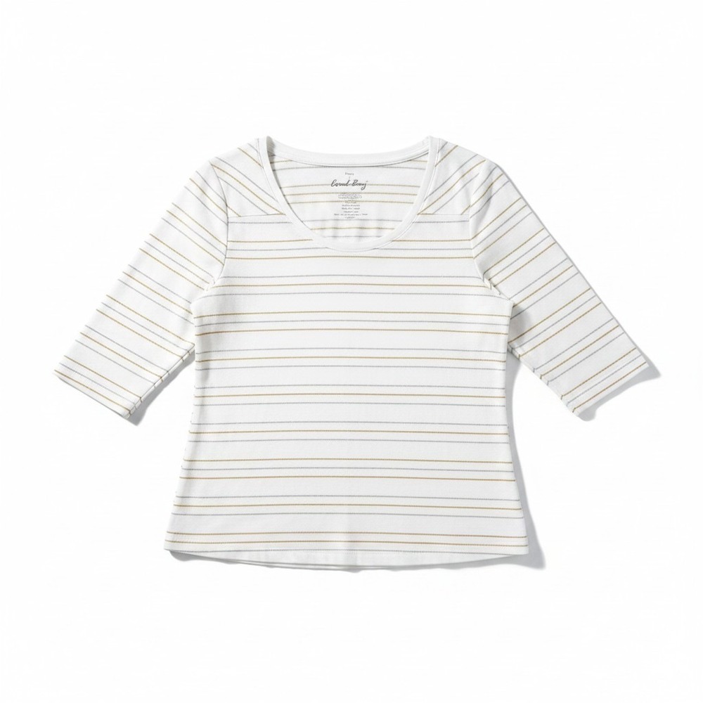 Coral Bay Missy White Gold Silver Metallic Striped 3/4 Sleeve Top Large